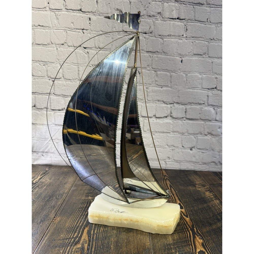 Vintage Signed John DeMott Art Brass Sailboat 17” Onyx Collectible 1975 boat